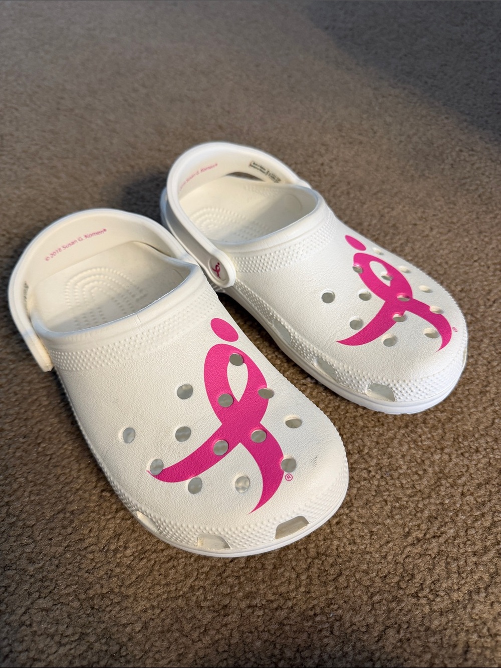 CROCS White Clogs with Hot Pink Ribbon Graphic - Breast Cancer